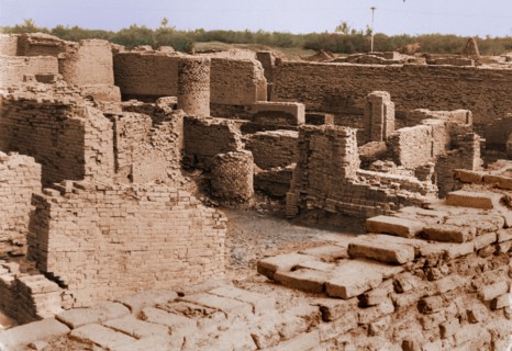 View of the north part of the site of Mohenjo Daro showing the residential district with wells