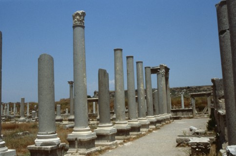 View of the colonnaded 4th C AD market (agora) of Perge