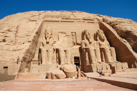The colossal statues of Ramses II at Abu Simbel, built as a lasting monument to himself and his wife Queen Nefertari and to commemorate his victory at the battle of Kadesh