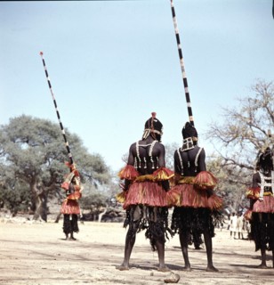 Dogon masqueraders perform in a ceremony known as a dama, which draws the souls of honoured dead away from the village and brings prestige to their families