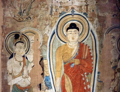 Detail of an embroidered silk banner of the Buddha Sakyamuni preaching on Vulture Peak