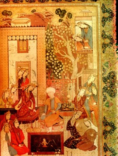 A miniature of Mou'in representing perhaps a marriage feast with musicians and servants
