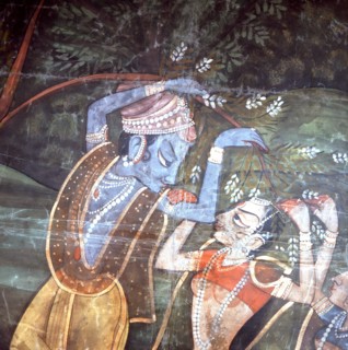 A detail of a wall hanging with scenes from the legend of Krishna