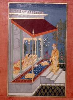A lover holding two champaka garlands, reluctantly leaves his sleeping lady