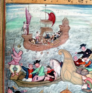 Detail from the 'Akbar nama' (History of Akbar), depicting European naval mercenaries, probably Portuguese, sailing a turbulent sea