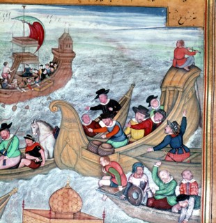 Detail from the 'Akbar nama' (History of Akbar), depicting European naval mercenaries, probably Portuguese, sailing a turbulent sea