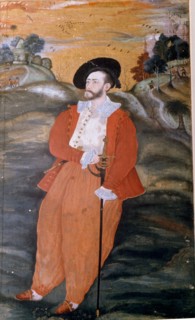 Portrait of a Dutch sailor wearing long flowing trousers and Indian slippers