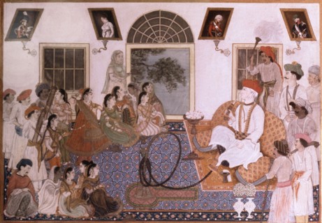 Sir David Ochterlony, Resident at the court of the Great Mogul in Delhi dressed in Indian clothing and smoking a hookah is entertained by a group of dancing girls