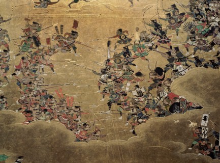 Detail of part of a folding screen which depicts the siege of Osaka Castle and was commissioned by general Kuroda Nagamasa who took part in the siege