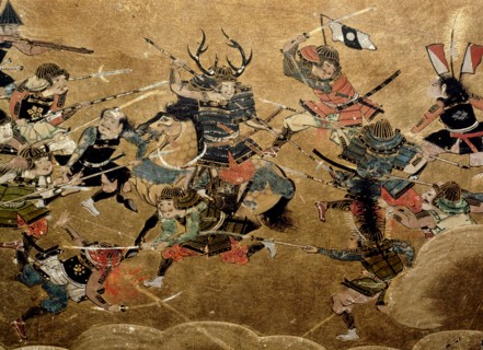 Detail of part of a folding screen which depicts the siege of Osaka Castle (1615)