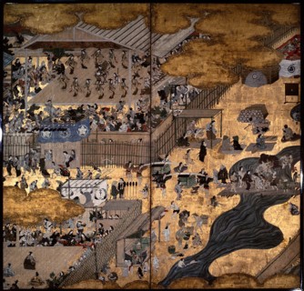 A screen depicting popular festivities that took place at Shijo gawa, Kyoto