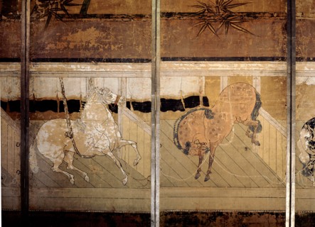 Folding screen depicting a stable scene (detail)