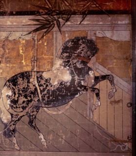 Folding screen depicting a stable scene (detail)