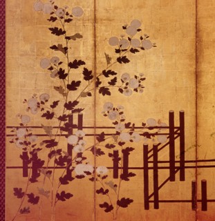 Detail of a four fold screen showing a design of chrysanthemums and a fence