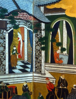 Detail from a folding namban jin or 'southern barbarian' screen recording the arrival of exotic looking Portuguese merchants in Japan