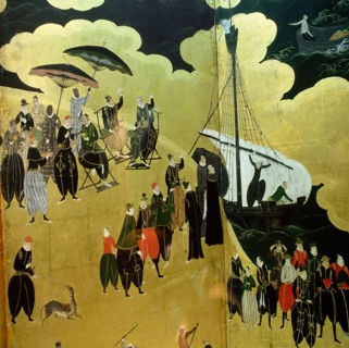 Detail from a folding namban jin or 'southern barbarian' screen depicting a harbour scene recording the arrival of exotic looking Portuguese merchants in Japan