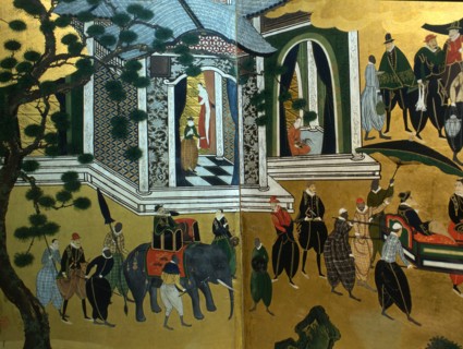 Detail from a folding namban jin or 'southern barbarian' screen depicting a harbour scene recording the arrival of exotic looking Portuguese merchants in Japan