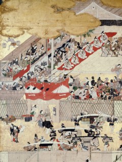 A screen depicting the popular festivities that took place at Shijo gawa, Kyoto