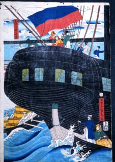 Print by Sadahide from a seriespublished in 1860, showing foreign vessels off Yokohama