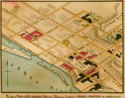 Richmond, Virginia : showing locations of Rebel prisons in winter of 1863. 1863