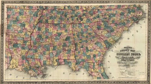 Railway & County Map of the Southern States 1864