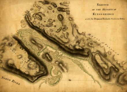 Sketch of the Heights of Kingsbridge, with the proposed redoubts colored yellow - 1777