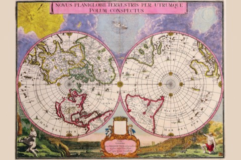 Novus Planiglobii Terrestris Per Utrumque Polum Conspectus; Stereographic Map of the World 1695