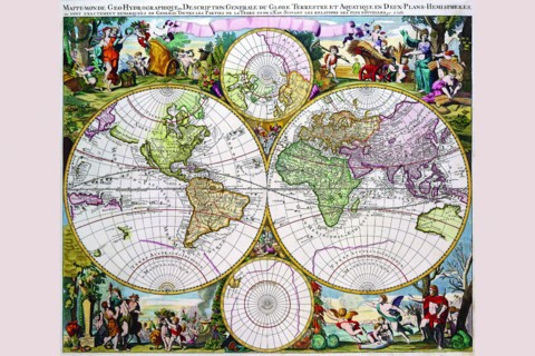 Stereographic Map of the World with Classical Illustration 1686