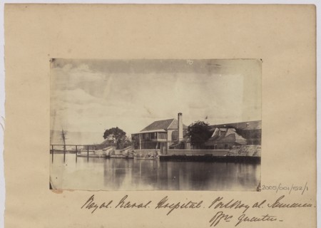 View of Port Royal hospital across water, Jamaica
