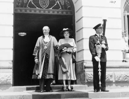 Mayor and Mayoress of Nairobi await Princess Elizabeth and the Duke of Edinburgh