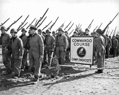 Camp Endicott, Rhode Island:  March 27, 1943.
U.S. Navy Seebees on the march at Camp Endicott