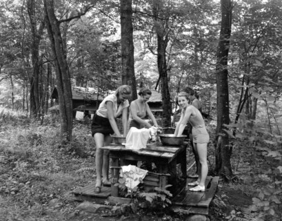 East Otis, Massachusetts:  c. 1925.
Wash day in the woods at the Bonnie Brae Girl Scout Camp in