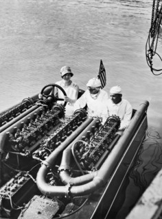Commodore Gar Wood in his speedboat, Miss America V
