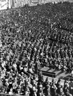 Some of the fans at Yankee Stadium in New York watching a baseba