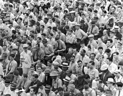 Baseball fans in the bleachers at Yankee Stadium.