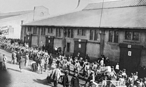 Tsing-Tao, China:  c. 1934.
Japanese troops debarking at the docks of Tsing-tao to board the