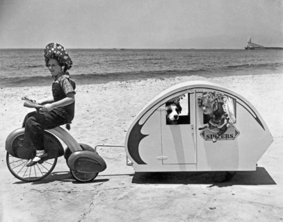 Venice, California:   July 7, 1938.
Two sisters do the beach tour along with their dog and cat.