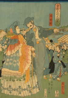 Foreign sightseers in famous spots of Edo - Ryo¯goku bridge (To¯to meisho¯ kenbutsu ijin - Ryo¯gokubashi) 1861