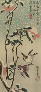 Sparrows and camellias in snow. 1840