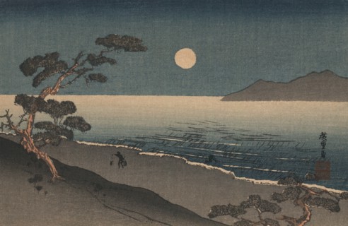 Dusk oven and Ocean Shore with a sole man carrying buckets on the Beach INK