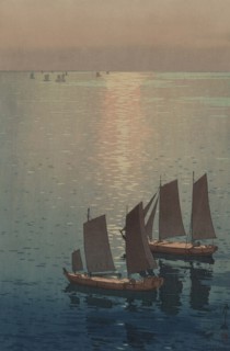 Dusk blankets a still lake over Sailboats