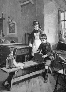 Boy drawing his sister's doll