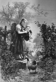 Girl with her little sister guarding ducks