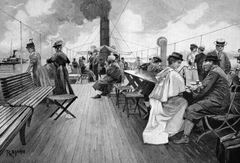 On the deck of a steamboat,