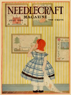 Young girls looks at a selection of old needlepoints on a wall 1928