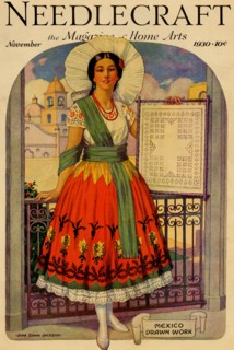 Hispanic holds up a lace design on a frame 1930