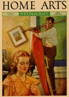 Wife sews while a man hangs a picture 1936