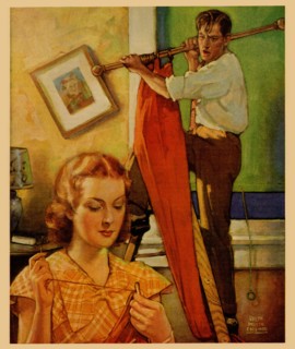 Wife sews while a man hangs a picture 1936