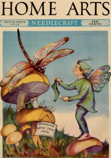 Sprite needs his socks darned by a dragonfly who is sitting on a mushroom 1936