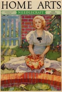 Woman embroiders by the side of a home pond 1930